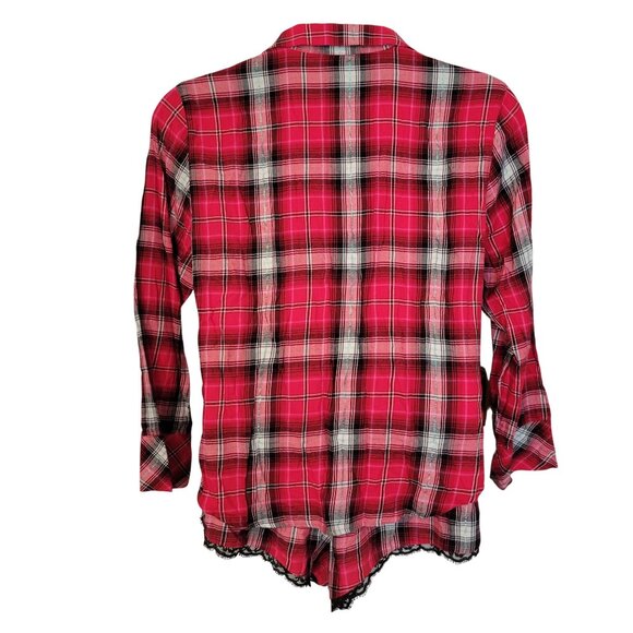 Victorias Secret L Red Plaid 2 Piece Pajama Set Lace Trim Shirt Shorts - Picture 2 of 13